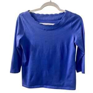 Talbots 3/4 Sleeve Scalloped Neckline Blue Shirt Petite small‎